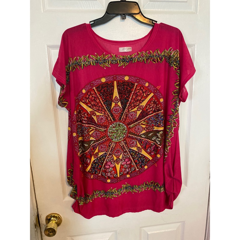 Ace Fashion Womens XXL Pink Mandala Graphic Short Sleeve Boho Blouse Top